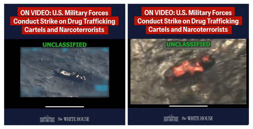 FILE PHOTO: A combination image shows two screen captures from a video posted on the X account of The White House depicting what U.S. President Trump said was a U.S. military strike on a Venezuelan drug cartel vessel