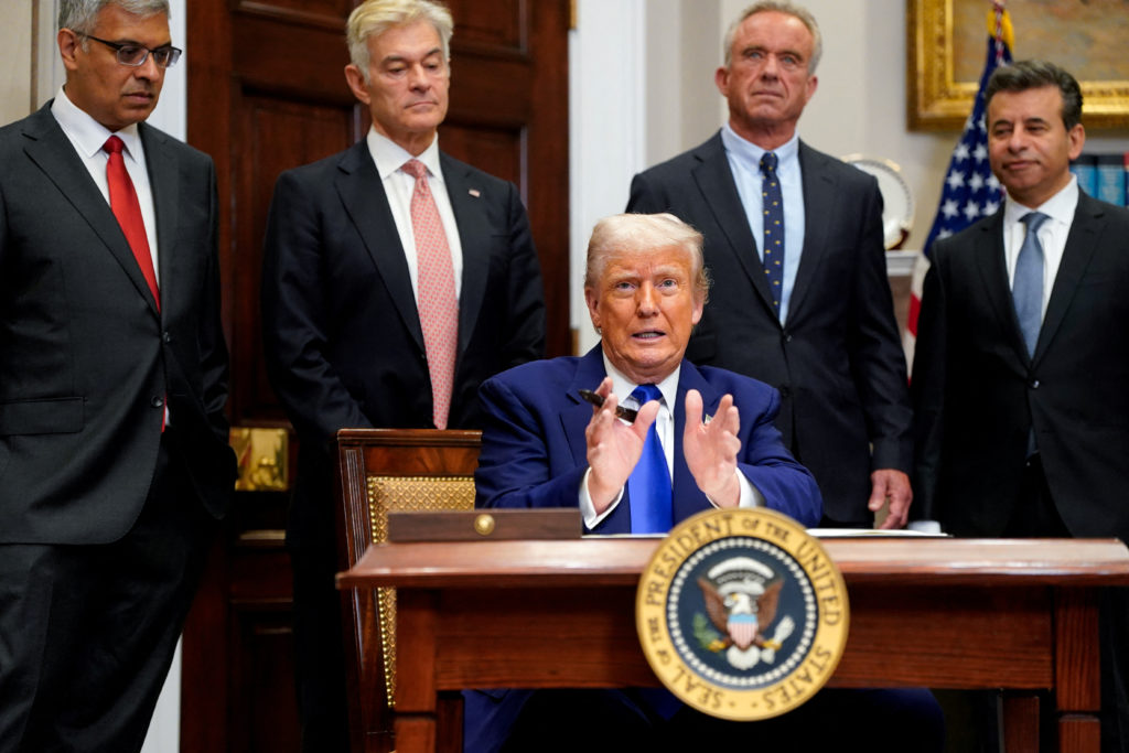 U.S. President Trump and U.S. Health and Human Services (HHS) Secretary Kennedy attend a press conference, in Washington