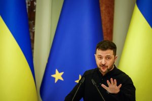Ukraine's President Zelenskiy attends a joint press conference with EU Council President Costa, in Kyiv